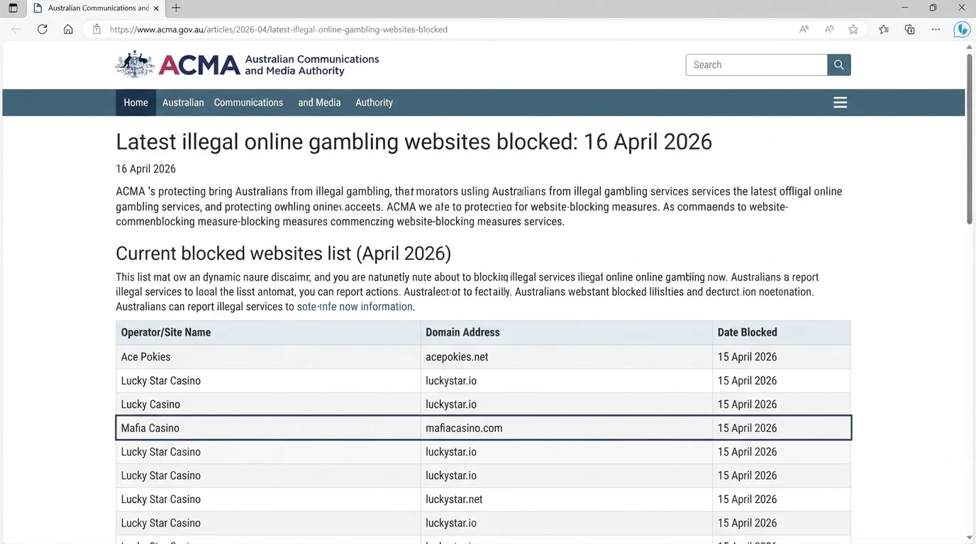 ACMA April 2026 webpage screenshot listing Mafia Casino among blocked illegal online gambling websites