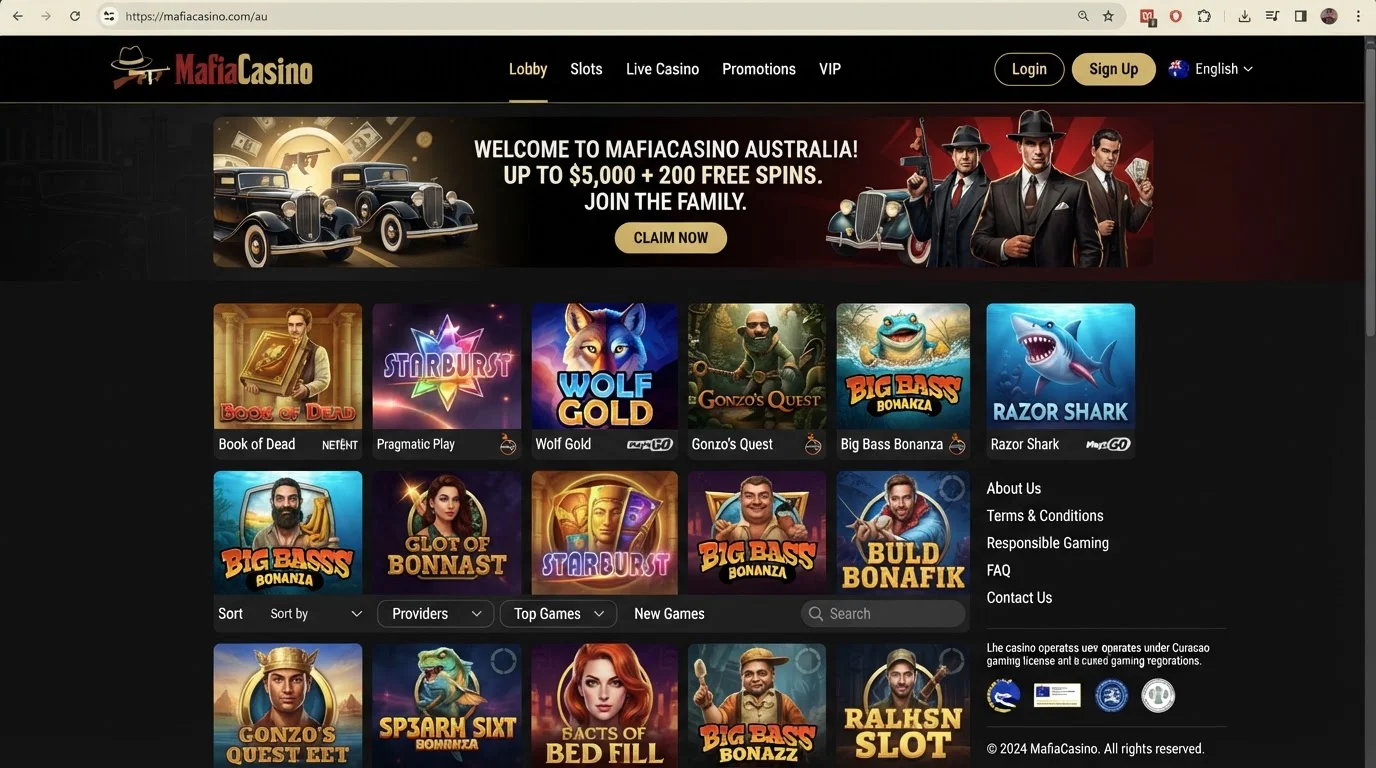 Current MafiaCasino Australia interface screenshot showing the real site presentation
