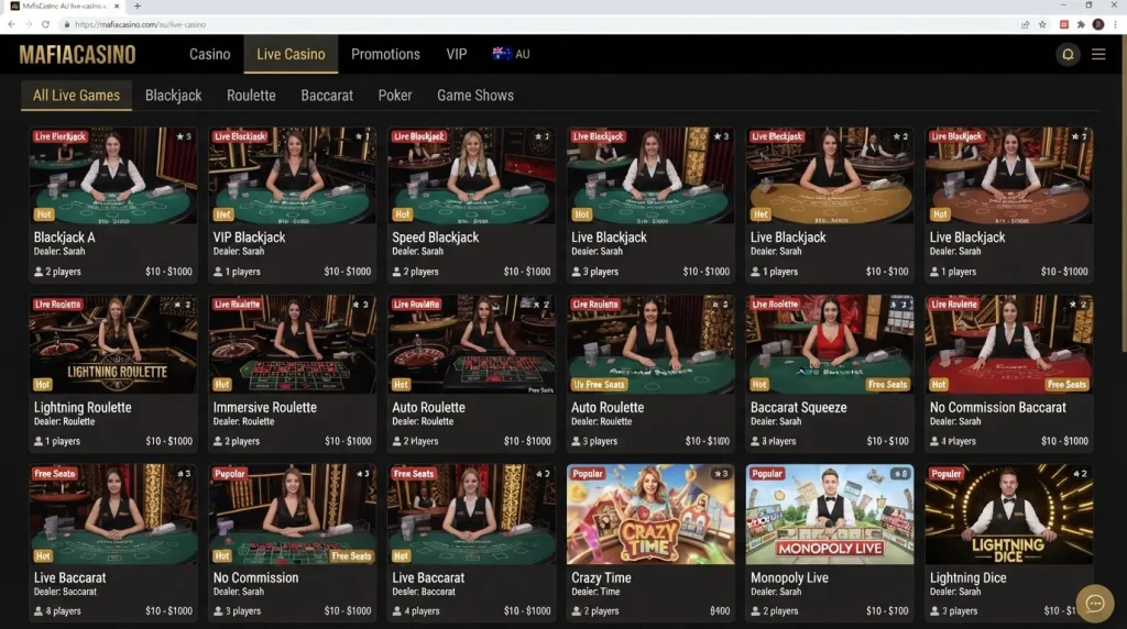 Current Mafia Casino live casino lobby with live blackjack roulette and baccarat tables