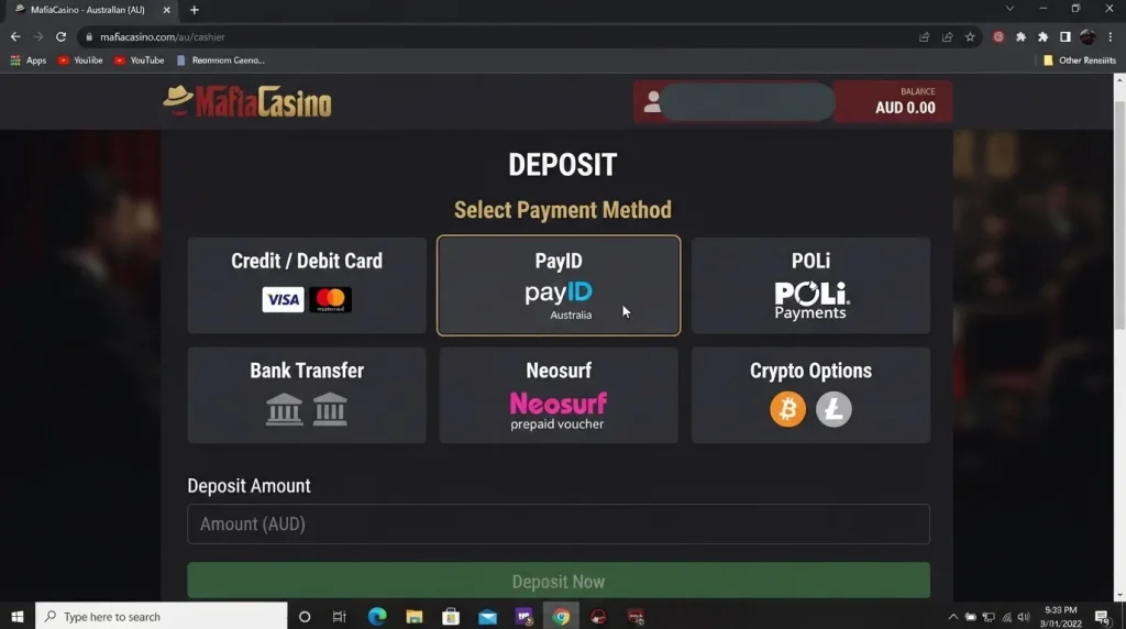 Current MafiaCasino cashier deposit screen showing payment options available to an Australian account