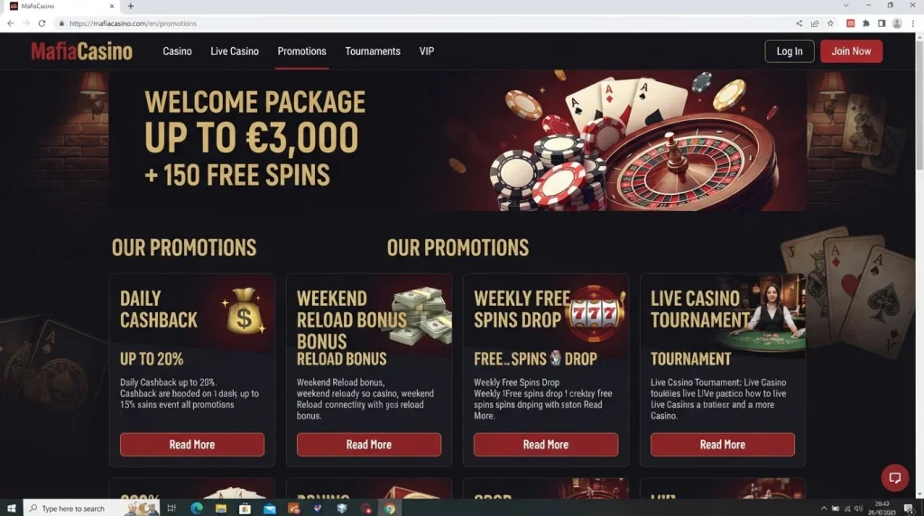 Current MafiaCasino promotions page showing casino bonus offers