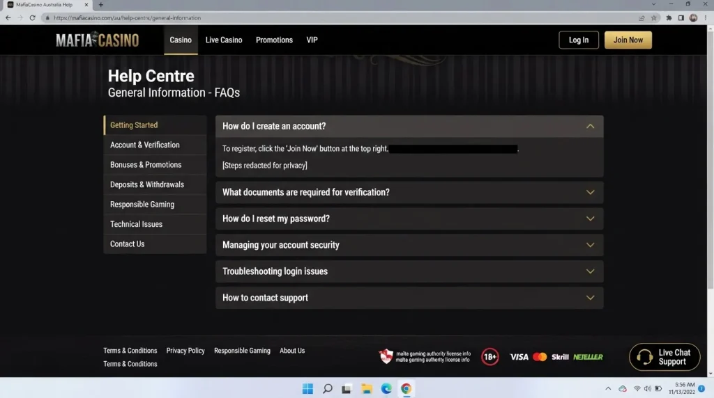 Current MafiaCasino registration or Help Centre interface