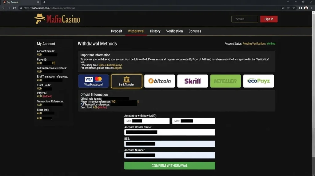 Current MafiaCasino withdrawal cashier or official withdrawal help screen
