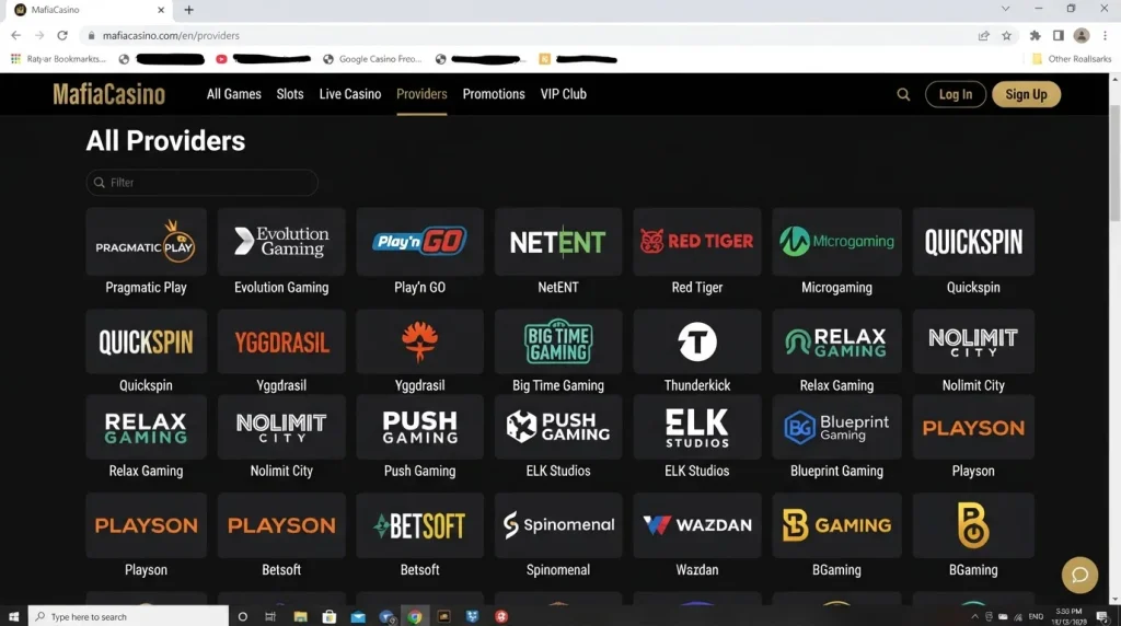Mafia Casino game lobby and provider index showing current casino game categories and software studios