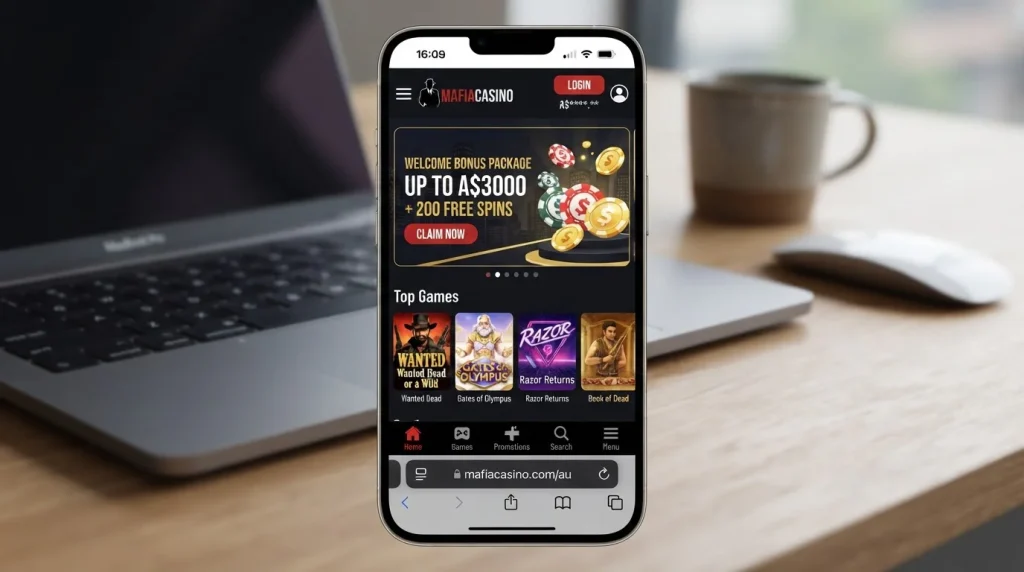 MafiaCasino Australia website displayed at mobile width