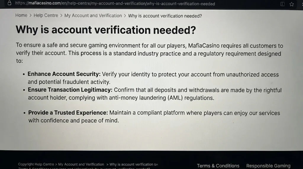 Official MafiaCasino help page explaining why account verification is needed