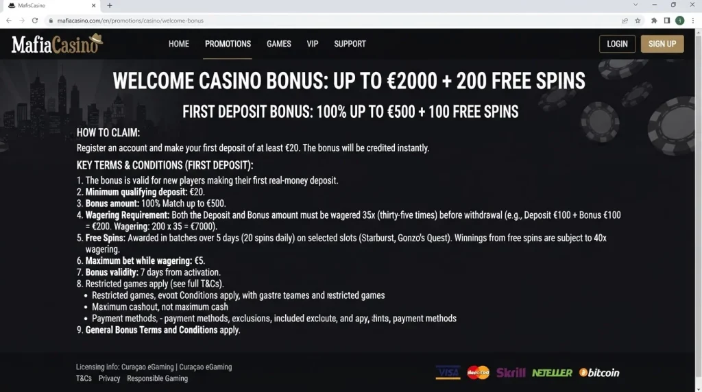 Official MafiaCasino welcome bonus terms page showing the current first-deposit offer